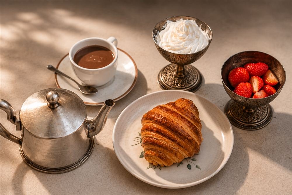 Chocolate quente, chantilly, morangos e croissant